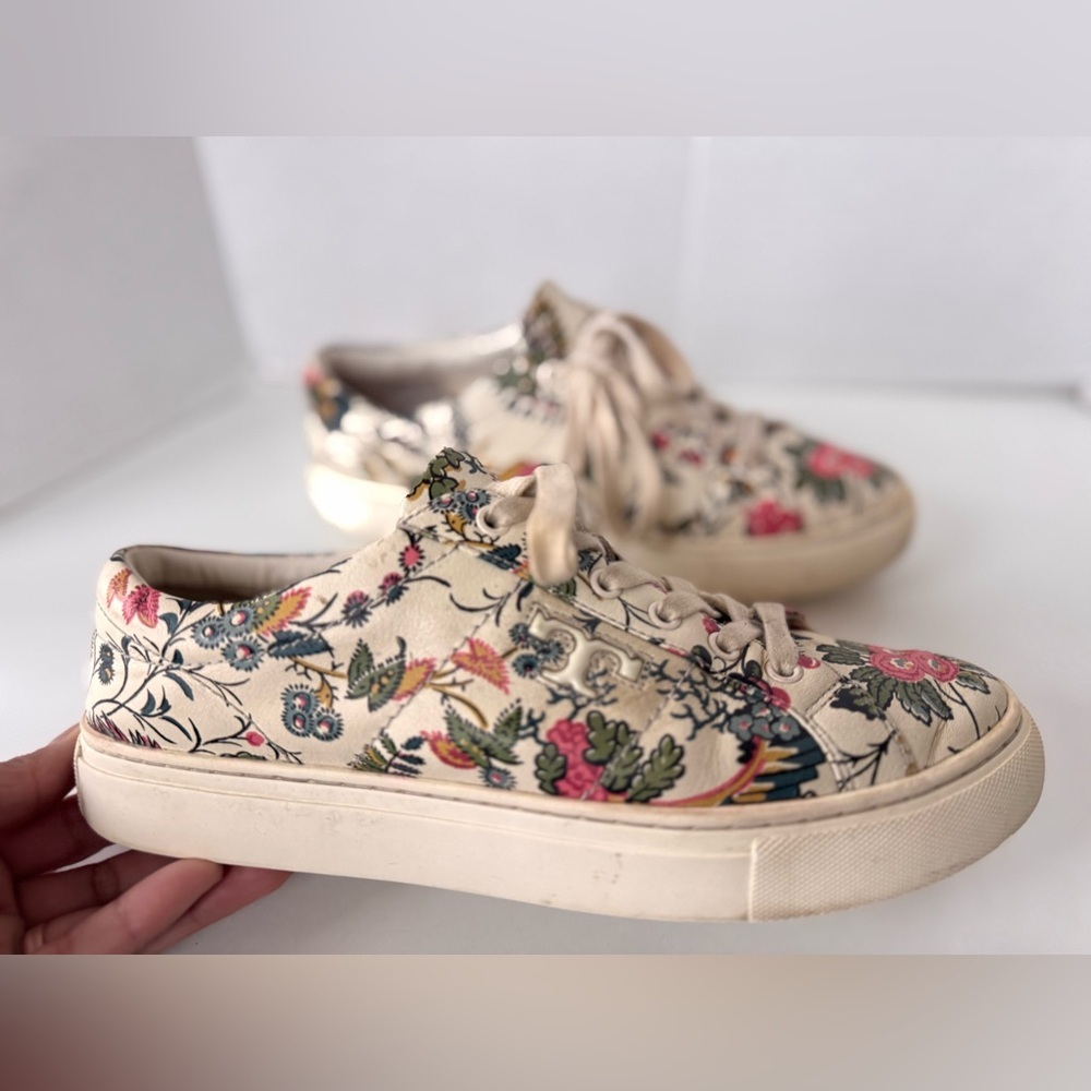 Tory Burch White Floral Print Leather Amalia Low Top Sneakers Women’s Size 8 - Picture 6 of 11